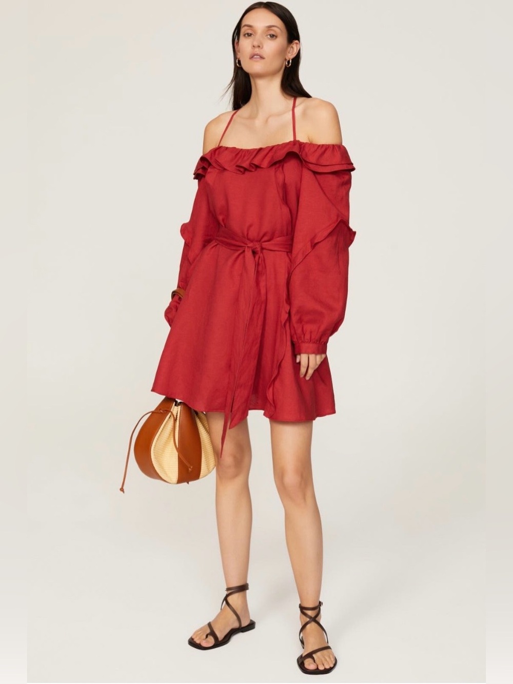 Marissa Webb~Red Off-Shoulder Linen Ruffle Tie-Waist Mini Dress~Size Small~$325~
